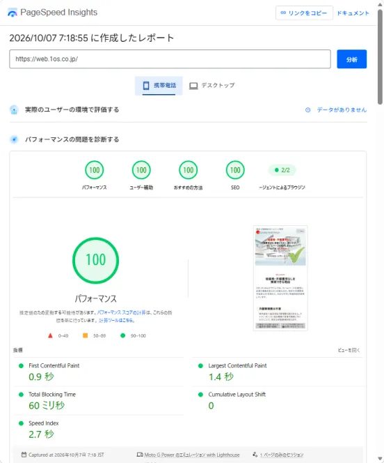 PageSpeed Insights モバイル計測 パフォーマンス100点